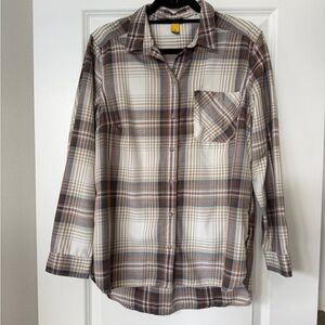 Eddie Bauer Cream, Brown and Gray Plaid Button-Down Shirt